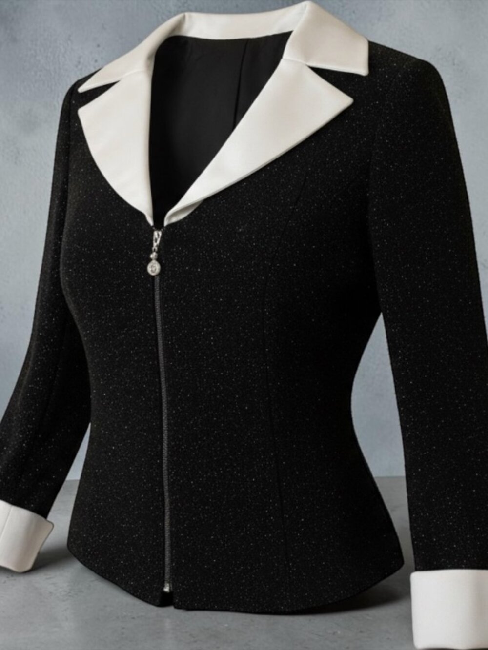Vintage Joseph Ribkoff Sparkly Black Blazer Contrast White Collar 12